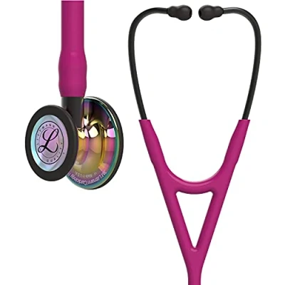 Immagine di 3M Littmann Stetoscopio diagnostico Cardiology IV, connettore e testina con finitura altamente lucidata arcobaleno, tubo auricolare lampone, archetto nerofumo, 69 cm, 6241