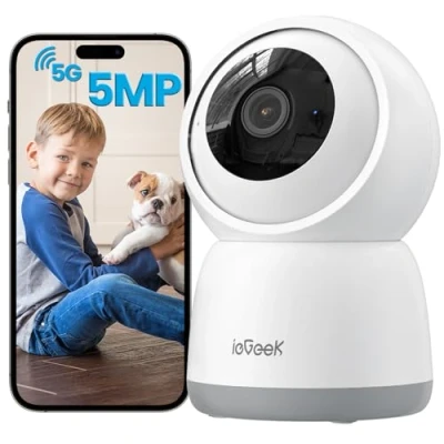 Immagine di ieGeek 5MP Telecamera WiFi Interno 2.4/5GHz, Videocamera Sorveglianza con Tracciamento del Movimento, Rotazione a 360, Sirena, Visione Notturna, Audio Bidirezionale, Funziona Alexa, SC1 Pro