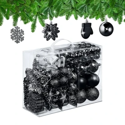 Immagine di Relaxdays Palline di Natale, Set 100 Addobbi Natalizi, Palle Opache, Lucide, Glitter, 10 Design Diversi, Plastica, Nero