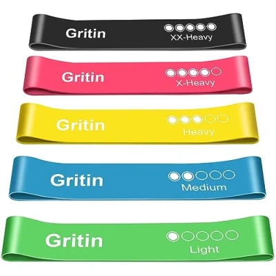 Immagine di Gritin Elastici Fitness, [Set di 5] Banda Elastica Fasce Elastiche Resistenza Lattice con Istruzioni per l&#039;esercizio in Italiano e Borsa Il Trasporto Crossfit, Yoga, Pilates