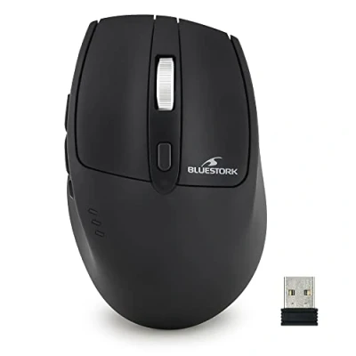 Immagine di Blue Stork M WL R2 B, Mouse wireless 2,4 GHz ricaricabile, o ricevitore USB, design ergonomico, silenzioso, 1600 DPI, compatibile con PC/Mac/computer portatile NUOVO 2022 (nero)
