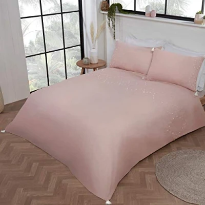 Immagine di Sleepdown Set di biancheria da letto con federe per matrimoniale (200 cm x 200 cm) ricami lusso, tinta unita, rosa cipria, nappe bianche, facile pulire, morbido e accogliente