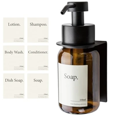 Immagine di Design Amburgo Porta Sapone Doccia e Bagno in Vetro Autoadesivo Supporto Dispenser da Parete Pompa Acciaio Inossidabile Senza Buchi Nero 250 ml