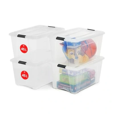 Immagine di Iris Ohyama Scatole Portaoggetti in con Coperchio, 45L, Lotto di 4, Trasparente, Clip Bloccaggio, Empilabile, Maniglia, Per Camera, Armadio, Ufficio, Organizzatore, Senza BPA, NTB 45