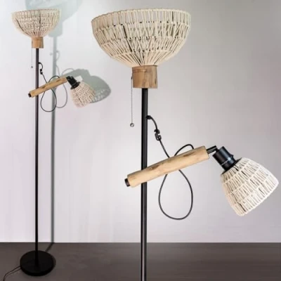 Immagine di Osasy Lampada da terra 2 ombrelli per soggiorno, in rattan boho dal design industriale con metallo e legno, interruttore, altezza: 163 cm, senza lampadine (bianco/beige corda schermo)