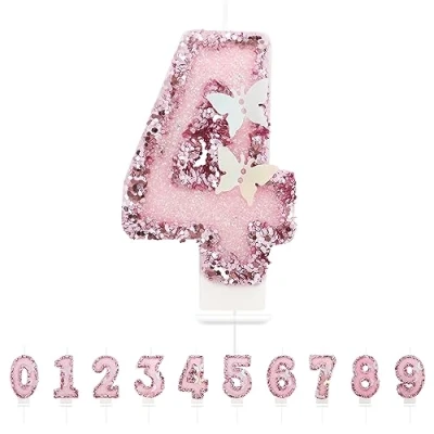 Immagine di candele di compleanno con numeri 4,3D, rosa, 4, decorazione per torte, compleanni, decorazioni