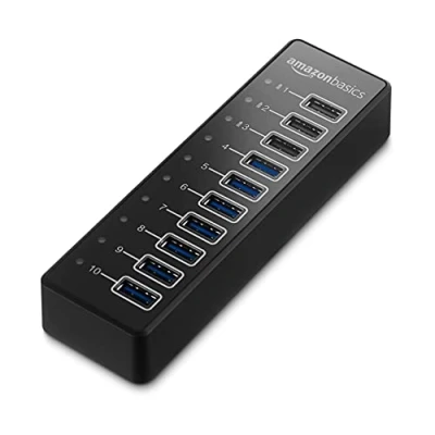 Immagine di Amazon Basics Hub USB a 3.1 con alimentatore 65 W (20 V/3,25 A), 10 porte, Nero