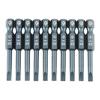 Immagine di Set di 10 punte per cacciavite a taglio da 50 mm, testa piatta magnetica, gambo esagonale 1/4&quot;, in lega acciaio S2, H6,3 x SL4 mm.