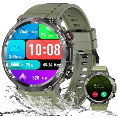 Immagine di IOWODO Smartwatch Uomo,Orologio Fitness Chiamate Bluetooth,Smart Watch Militari Tracker con Cardiofrequenzimetro,SpO2, Monitoraggio del Sonno,100+ Modalità Sport Compatibile Android iOS (2 Cinturini)