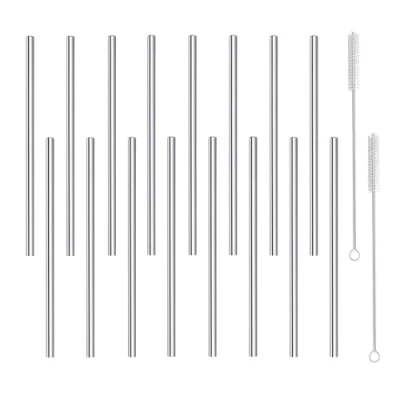 Immagine di morneve Cannucce corte in acciaio inox, piccole e piccole, riutilizzabili, metallo, con spazzola per la pulizia, cocktail, bicchieri da caffè succhi di frutta, colore argento, 16 pezzi