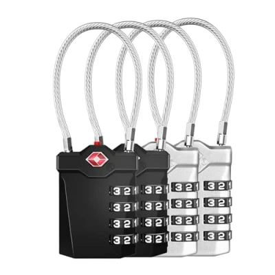 Immagine di ZHEGE Lucchetto TSA per Valigia USA, Aereo con Cavo Flessibile, Armadietto a 4 Cifre, Combinazione Borsa Computer, Zaino (4 Pezzi, Nero e Argento)