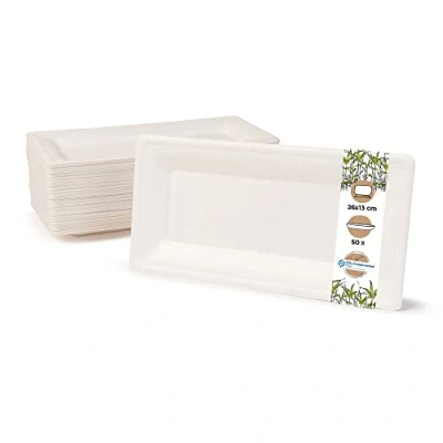 Immagine di BIOZOYG Stoviglie Monouso di Canna da Zucchero Piatto usa e getta compostabile I 50 pezzi Piatti Feste rettangolari 26x13 cm bianco Bagassa biodegradabili per Antipasti Stuzzichini Bistecca