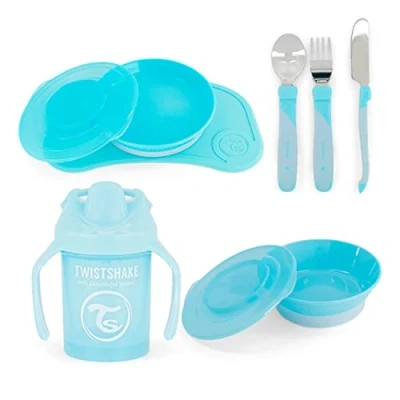 Immagine di Twistshake All in Need Mealtime Set di Stoviglie, 7 st 1x Tovagliette 31 x 17 cm, Piatto, Piatto con Divisore, 3x Posate Acciaio Inox, Mini Cup, 6+ Mesi, Ragazzo