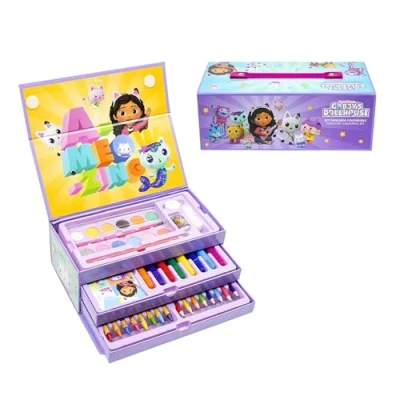 Immagine di Gabby&#039;s Doll House Set di Cancelleria, Include Matite Colorate, Pennarelli, Acquerelli, Pennello, Spugna, Matita, Gomma, Pastelli Colorati, Taccuino, Valigetta, Scuola per Ragazze