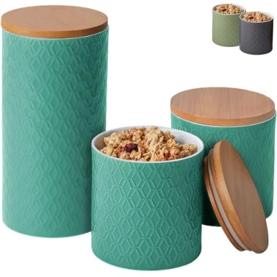 Immagine di Praknu Barattolo in Ceramica con Coperchio Set di 3 Ermetico Lavabile Lavastoviglie Vasetti per Caffè, Zucchero, Muesli (Turchese)