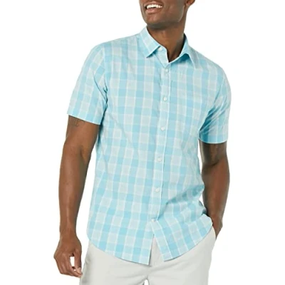 Immagine di Amazon Essentials Camicia in Popeline a Maniche Corte Slim Uomo, Blu Chiaro Bianco Motivo Scozzese, XL