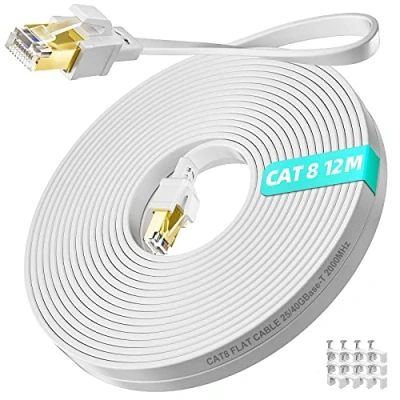 Immagine di Soibke Cavo ethernet 12 Metri, Cat 8 LAN 12m ad Alta Velocità 40Gbit/s 2000MHz di Rete Piatto filo Metri RJ45 Bianco Patch con Clips per Router Modem