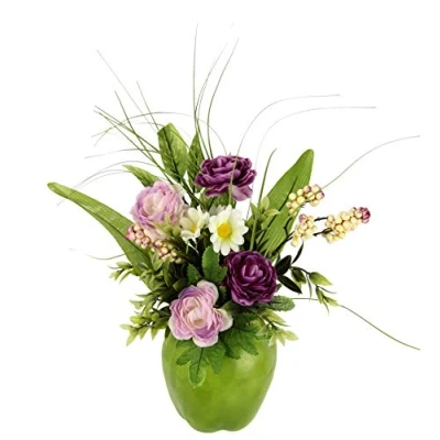 Immagine di Arranuncolo in vaso di mele, fiori artificiali, composizione decorazione primaverile, da tavolo, primavera, Pasqua, pasquale