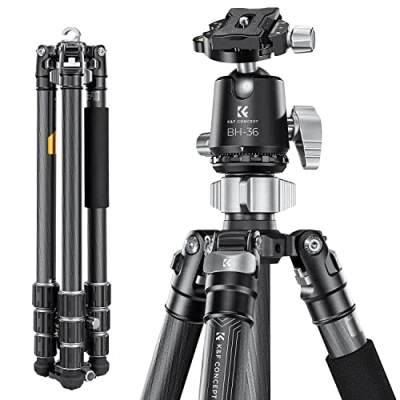 Immagine di K&amp;F Concept Treppiede per Fotocamera Carbonio 173cm, da Viaggio Leggero, Treppiedi Professionale Portatile Compatto con 360 Testa a Sfera e Piastra di Sgancio Reflex DSLR, Carica 16kg