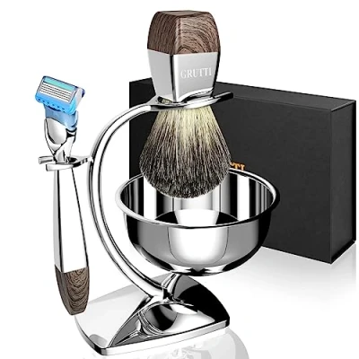 Immagine di Set regalo per uomo GRUTTI Razor, kit rasoio manuale con supporto resistente e ciotola sapone pennello da barba in tasso compatibile Fusion 5