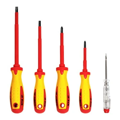 Immagine di S&amp;R Set di 5 cacciaviti da elettricista VDE isolati, con tester tensione SL PH. Qualità Professionale