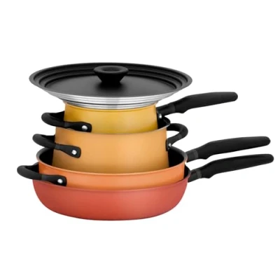 Immagine di Meyer Accent Spark Set di 6 pentole e padelle impilabili con coperchi universali forma anti fuoriuscita, mix in acciaio inossidabile antiaderenti