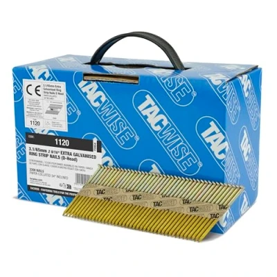Immagine di TACWISE 1120 Chiodi Inclinati a 34 3,1/65 mm, Zincati Extra con Testa ‘D’, Gambo Anellato, Fascicolati Carta, Confezione da 2200