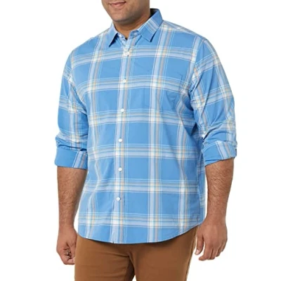 Immagine di Amazon Essentials Camicia in Popeline Elasticizzato A Manica Lunga dalla vestibilità Regolare Uomo, Blu Chiaro Arancione Motivo Scozzese, XS