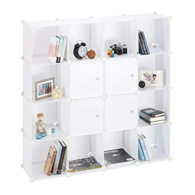 Immagine di Relaxdays Scaffale Componibilie in Plastica, 16 Scomparti, con Ante Sistema a Incastro, 127 x 31,5 cm, Bianco