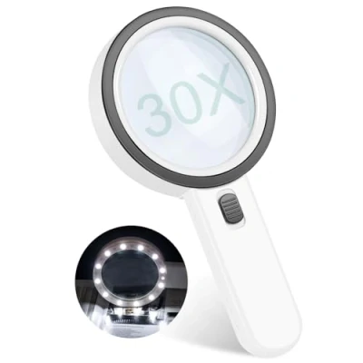 Immagine di Lente d&#039;Ingrandimento 30X con 13 LED Professionale per Lettura, Ispezione e Hobby Grande, Portatile Impugnatura Antiscivolo Ideale Anziani, Gioiellieri Bambini