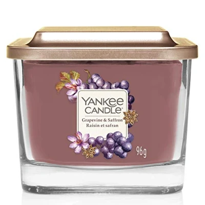 Immagine di Yankee Candle candela profumata piccola a 1 stoppino Uva e zafferano Durata della fragranza: fino 28 ore Elevation Collection con coperchio utilizzabile come base