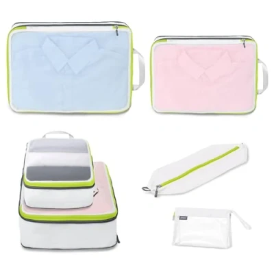 Immagine di Cipway Organizer Valigia,Cubi da Imballaggio a Compressione, Design Rete, Salvaspazio Borse Viaggio Set Sacchi Sottovuoto Vestiti per Zaini o Bagagli Mano (Bianco,8 Pezzi)