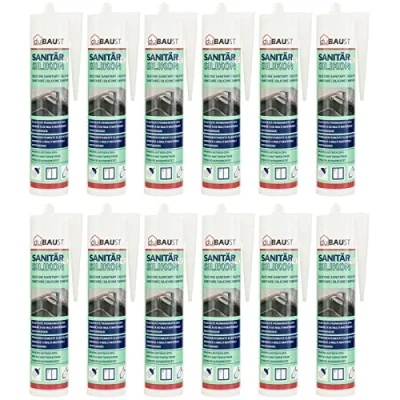 Immagine di 12x dubaust SAS24 silicone sanitario elastico durevole resistente alla muffa bagno cucina doccia locali umidi cartuccia 310ml (bianco)
