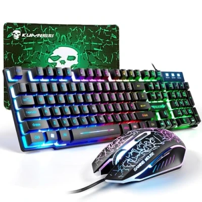 Immagine di Tastiera e Mouse da Gioco, 104 Tasti Retroilluminazione Arcobaleno LED Tastiera, 4 Pulsanti 2400 DPI Tappetino per Mouse, USB Cablato Compatibile con PS4 XBox(Necessario Adattatore) Nero