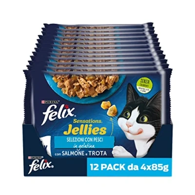 Immagine di Purina Felix Sensations Jellies Cibo Umido per Gatti con Salmone in Gelatina Insaporita Gamberetti e Trota Spinaci, 48 buste da 85g ciascuna