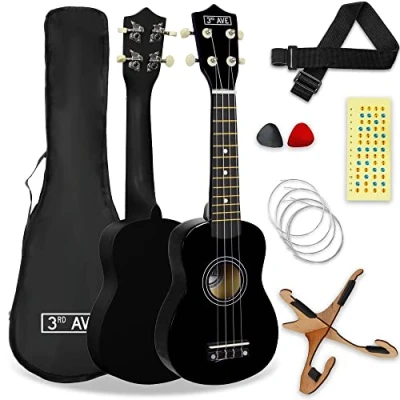 Immagine di 3rd Avenue Pacchetto beginner con ukulele soprano da 21 pollici Custodia, stand, tracolla, corde, plettri e adesivi per tasti Nero