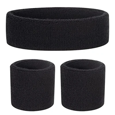 Immagine di ONUPGO Set di fasce per il sudore bambini, in cotone, sport (1 fascia + 2 polsiere) (nero)