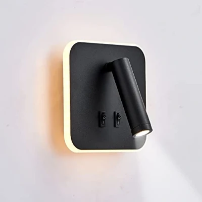 Immagine di uksunvi lampada da parete a LED, lettura sul comodino, lampade LED 12 W, faretto regolabile （3W + 9W 3000K luce calda） nero (quadrato)