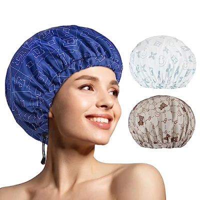 Immagine di WINSTECK 3 Cuffie da Doccia per Donna, Cuffia Bagno Impermeabile Confortevole, Extra Large e a Doppio Strato, Capelli con Orlo Regolabile dal Design Oversize Tutte le Lunghezze/Stile
