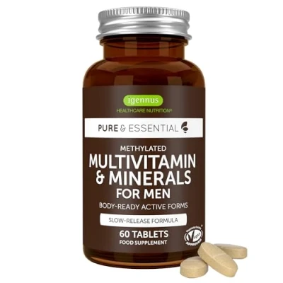 Immagine di Multivitaminico Completo Uomo ad Alto Dosaggio con Licopene, Vitamina D, Vitamine B Metilate e Zinco. Supporta Sistema Immunitario, Energia, Cuore Cervello. 60 compresse vegane Igennus