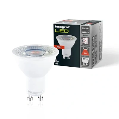 Immagine di Integral Confezione da 4 lampadine LED GU10, colore rosso, 5 W (equivalenti a 50 W), angolo di diffusione 40, adatte per display, ristoranti, hotel, giardini, decorazioni e illuminazione