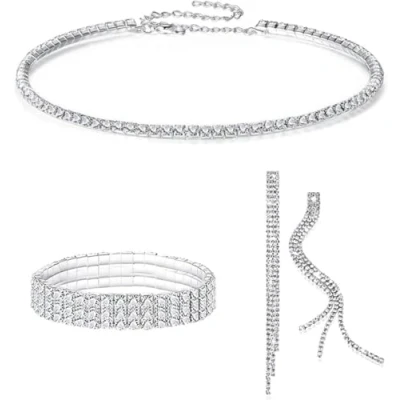 Immagine di FDEETY Parure Gioielli Sposa per Donna Strass Cristallo Collana Orecchini Bracciale Set Fidanzamento Nozze Damigella d&#039;Onore Regalo (Argento)