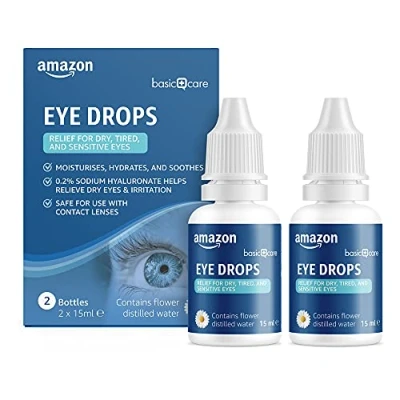 Immagine di Amazon Basic Care Goccia oculari con ialuronato di sodio 0,2% e acqua distillata fiori, 15 ml (Confezione da 2)