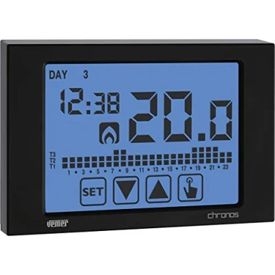 Immagine di VEMER VE454500 CHRONOS 230V Cronotermostato Digitale da Parete, Display Touch Screen, Programmazione Settimanale, Alimentazione 230V, Nero