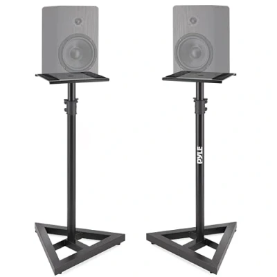 Immagine di Pyle Speaker Stand Coppia di Supporti per Sound Play 1 e 3 Altezza Telescopica Regolabile da 66 cm a 132 Base Triangolare Robusta con Punte Terra Piattaforma Quadrata 23 cm, Nero