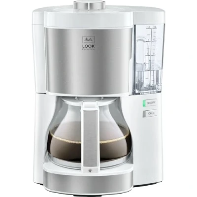 Immagine di Melitta Look Perfection Macchina da caffè con filtro caraffa in vetro antigoccia 10 tazze Bianco/Acciaio inossidabile (1025 05)