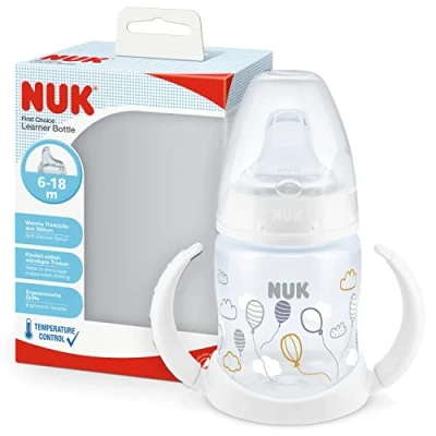 Immagine di NUK First Choice Tazza con beccuccio, 150 ml, manici facili da afferrare e beccuccio ortodontico in silicone, a prova di perdite, 6 18 mesi, anti coliche, controllo della temperatura, senza BPA,