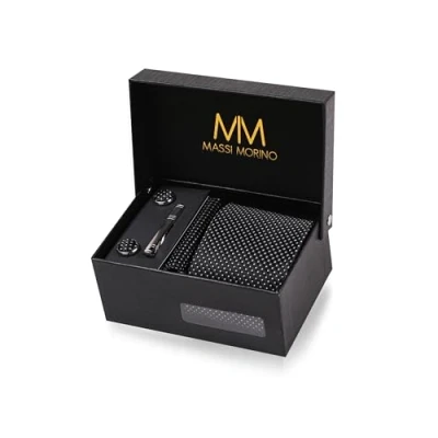 Immagine di Massi Morino Cravatta Nero puntini e fazzoletto da uomo con camicia gemelli, parure fermacravatta set I Accessori sposa Cravatte Elegante Confezione Regalo