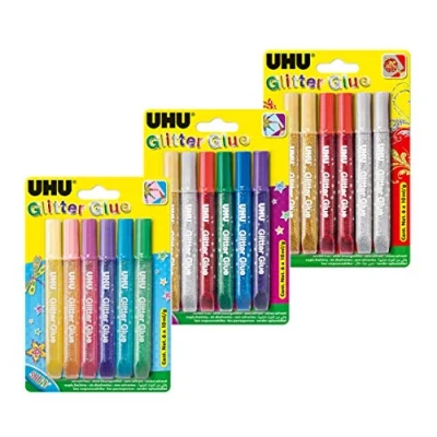 Immagine di UHU Glitter Glue, colla glitterata per fai da te in tubetto con punta dosatrice fine, 6 x 10 ml, set 3 pezzi (set completo)