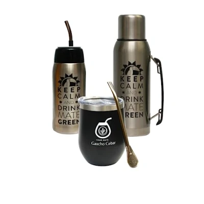 Immagine di Gaucho Cebar Yerba Mate, set completo di accessori thermos da 1 l argento e Yerbomos 680 ml nero in acciaio inox Mate tazza tè termolide 350 cannuccia Bombilla 19 cm